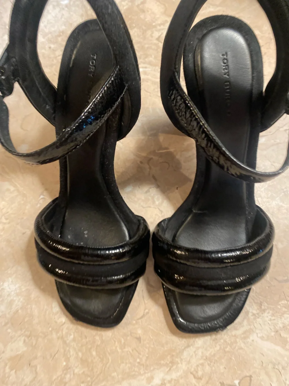 Tory Burch Black Patent Leather Strappy Block Heels